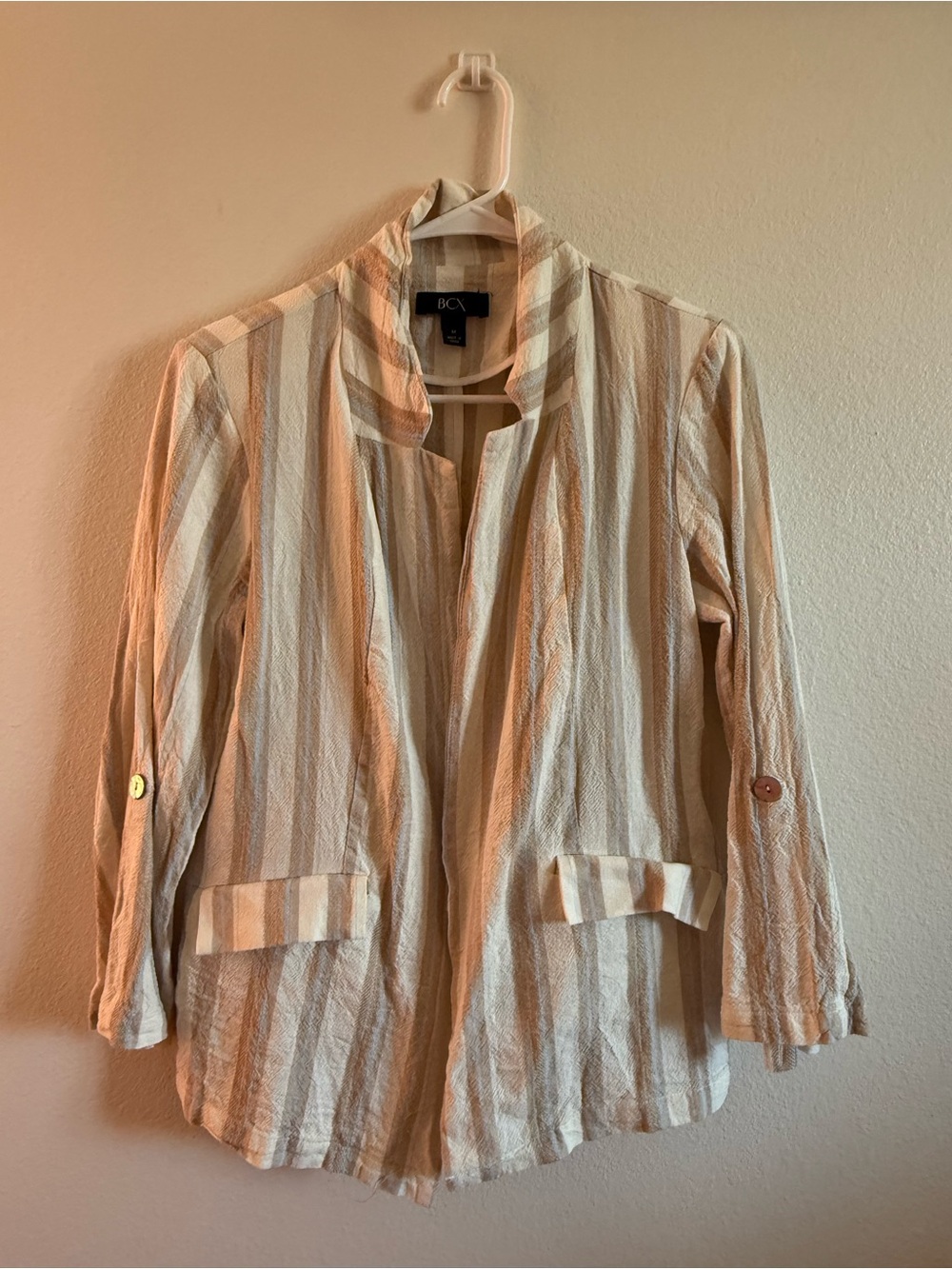 BCX Cream & Tan Striped Open-Front Blazer